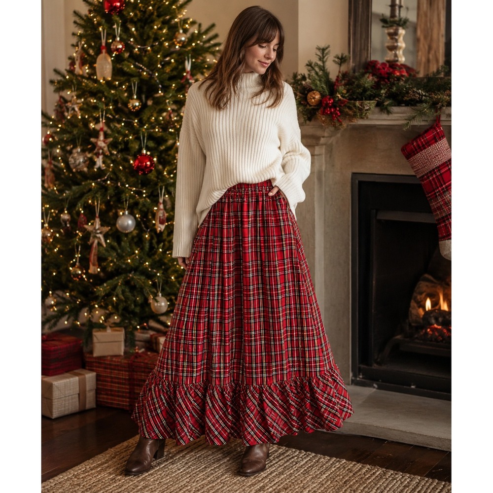 Vtg Red Plaid Maxi Skirt Ruffle Hem Christmas Tartan Made in USA Small You Babes